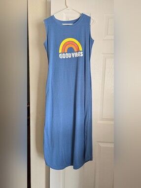 Good Vibes" rainbow graphic sleeveless maxi tank dress with pockets Blue Medium